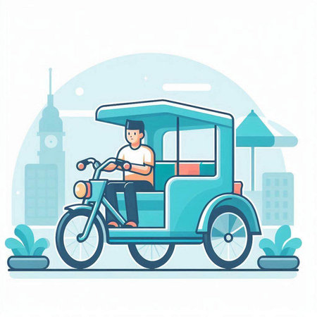 Tuk tuk in the city. Vector illustration in flat styleのイラスト素材