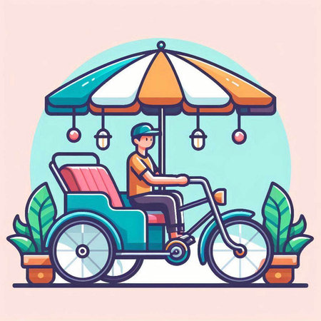 Vector illustration of a man riding a tricycle with awning in the park.のイラスト素材