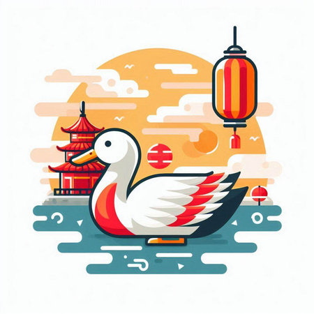Vector illustration of a seagull on the background of the Chinese landscapeのイラスト素材