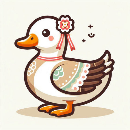 Cute cartoon duck with flowers. Vector illustration on white background.のイラスト素材