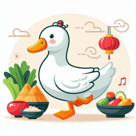 Illustration of a duck and Chinese New Year decoration on white backgroundのイラスト素材