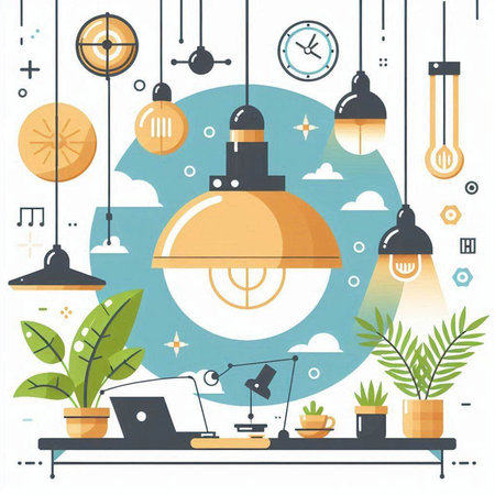 Flat design modern vector illustration concept of creative office workspace with light bulb, laptop, lamp, plant and other objects.のイラスト素材