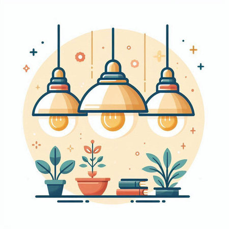 Vector modern flat design illustration of light bulbs and potted plants.のイラスト素材