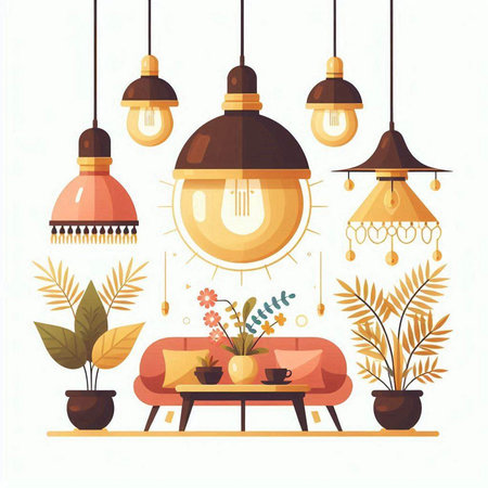 Interior of living room with lamps and plants. Vector illustration.のイラスト素材