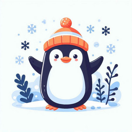 Cute penguin in winter hat and scarf. Vector illustration.のイラスト素材