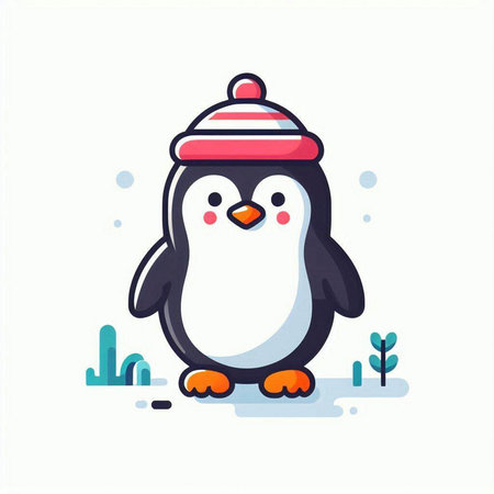 Cute penguin in winter hat. Vector illustration in flat styleのイラスト素材