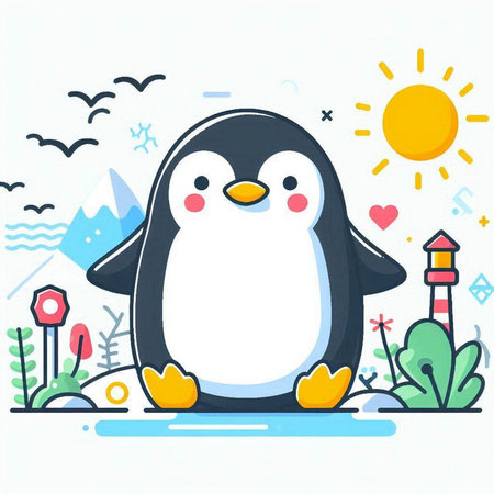 Cute penguin on the background of nature. Vector illustration.のイラスト素材