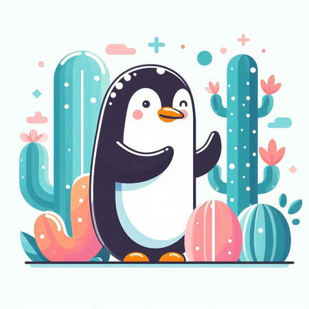 Cute penguin with cactus. Vector illustration in flat styleのイラスト素材