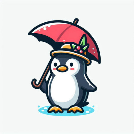 Cute penguin in a hat with an umbrella. Vector illustration.のイラスト素材