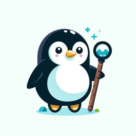 cute penguin with magic wand and magic wand. vector illustrationのイラスト素材