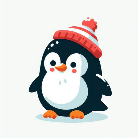 Cute penguin in a hat and scarf. Vector illustration.のイラスト素材