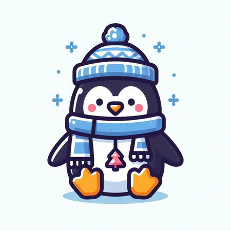 Cute penguin in winter hat and scarf. Vector illustration.のイラスト素材