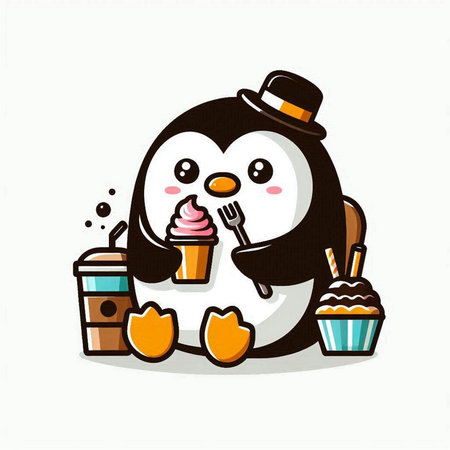 Cute Penguin Cartoon Mascot Character with Ice Cream and Cupcakeのイラスト素材