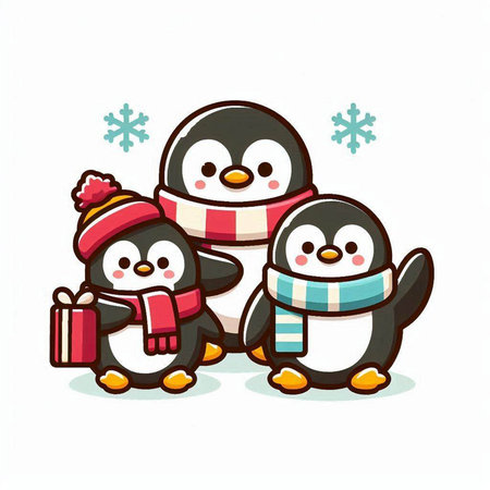 Cute penguins in winter clothes with gift. Vector illustration.のイラスト素材