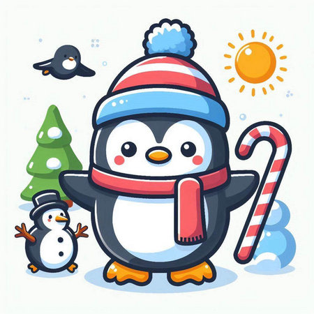 Cute penguin in a hat and scarf with candy cane. Vector illustration.のイラスト素材