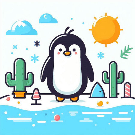 Cute penguin standing on the ice in the desert. Vector illustration.のイラスト素材