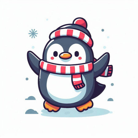 Cute cartoon penguin with scarf and hat. Vector illustration.のイラスト素材