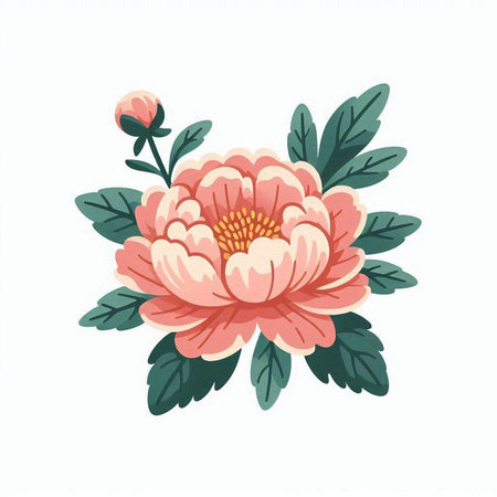 Pink peony with green leaves isolated on white background. Vector illustration.のイラスト素材
