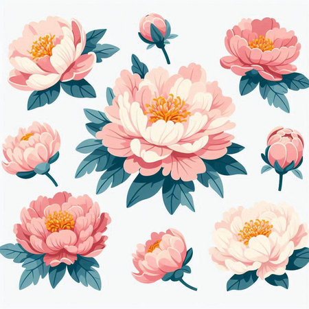 Set of peony flowers. Vector illustration in a flat style.のイラスト素材