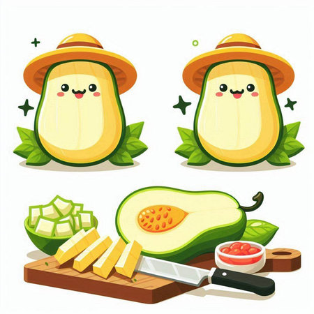Avocado fruit character set. Cute cartoon avocado character. Avocado fruit vector illustrationのイラスト素材