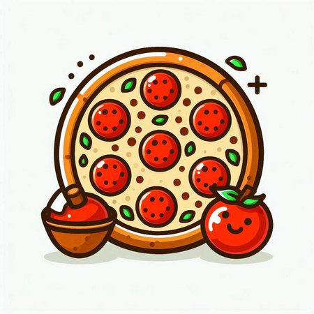 Pizza cartoon character with tomato vector illustration. Hand drawn pizza icon.のイラスト素材