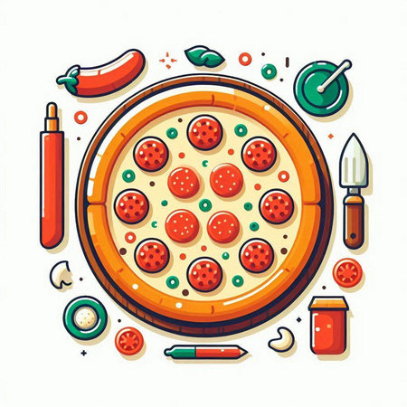 Pizza with sausages, cheese and tomato. Vector illustration.のイラスト素材
