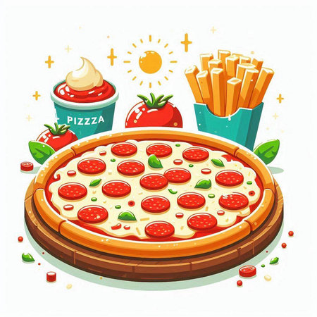 Vector illustration of pizza with mozzarella cheese, tomato and french friesのイラスト素材