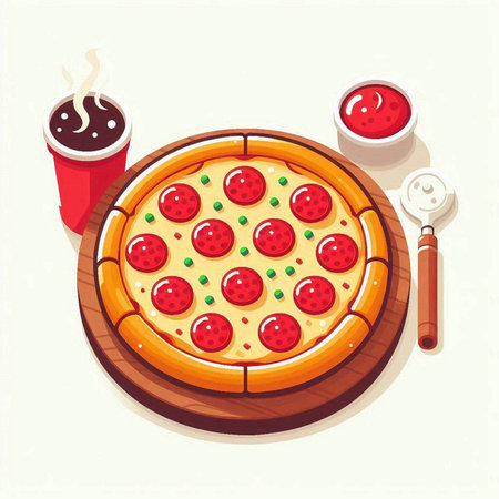 Pizza with pepperoni and mozzarella. Vector illustration.のイラスト素材