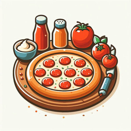 Pizza with tomato and mozzarella. Vector illustration of fast food.のイラスト素材