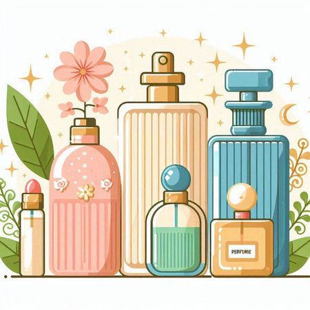 Set of perfume bottles and flowers. Vector illustration in flat style.のイラスト素材