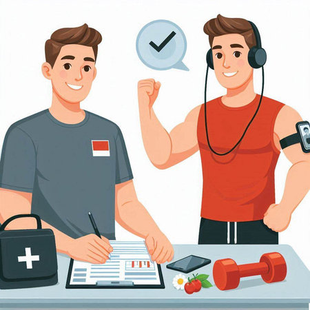 Vector cartoon illustration of a man in sportswear sitting at the table, listening to music with headphones and doing fitness exercises.のイラスト素材