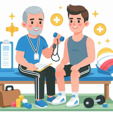 Senior man doing physical therapy at home with his son. Vector illustration.のイラスト素材