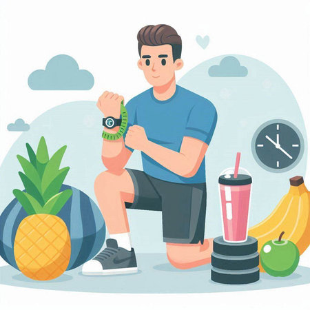 Healthy lifestyle concept. Young man doing fitness exercise. Vector illustration in cartoon styleのイラスト素材
