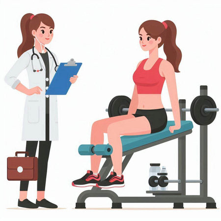 Exercising with a personal trainer in a gym, vector illustrationのイラスト素材