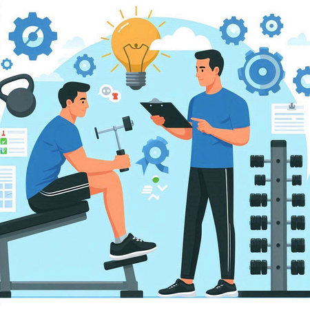 Fitness training vector illustration in flat cartoon style. Man doing exercises with dumbbells, personal trainer and lightbulbのイラスト素材