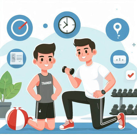 Man doing exercise with dumbbells in fitness room. Vector illustrationのイラスト素材
