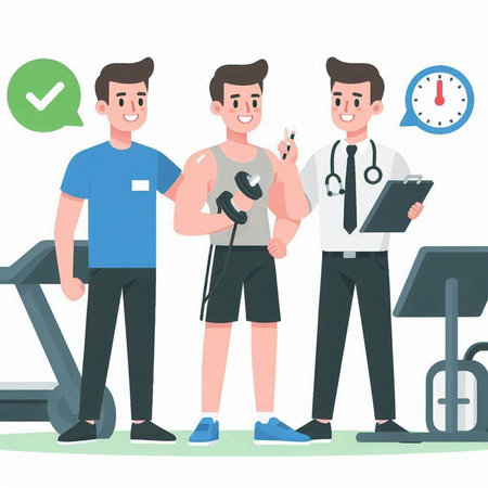 Healthy lifestyle concept. Man in sportswear with dumbbells and stethoscope. Vector flat cartoon illustrationのイラスト素材