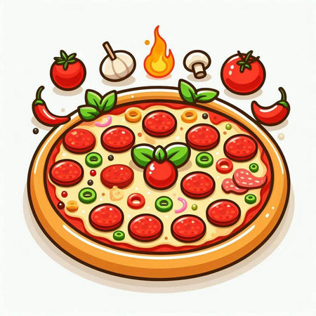 Pizza with pepperoni, tomato, mushrooms and basil. Vector illustration.のイラスト素材