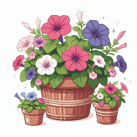 Illustration of colorful flowers in pots on white background. Vector illustration.のイラスト素材