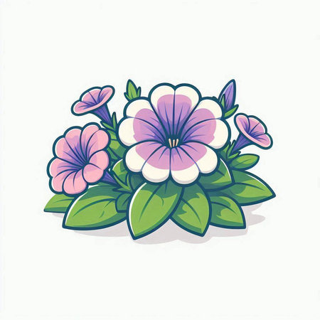 Illustration of pink and white flowers with green leaves on a white backgroundのイラスト素材