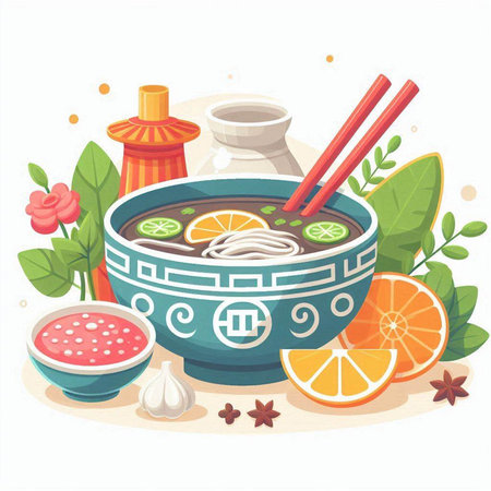 Chinese soup in bowl with chopsticks and ingredients. Vector illustration.のイラスト素材