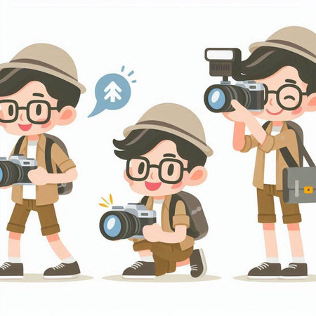 Tourist and photographer with action camera and binoculars vector illustration.のイラスト素材