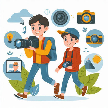 Father and son with photo cameras. Vector illustration in cartoon style.のイラスト素材