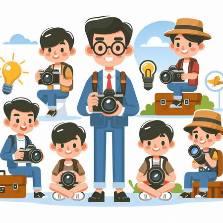 Vector illustration of a group of photographers with a camera and a light bulbのイラスト素材