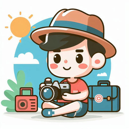 Cartoon illustration of a boy sitting on the beach and holding a cameraのイラスト素材