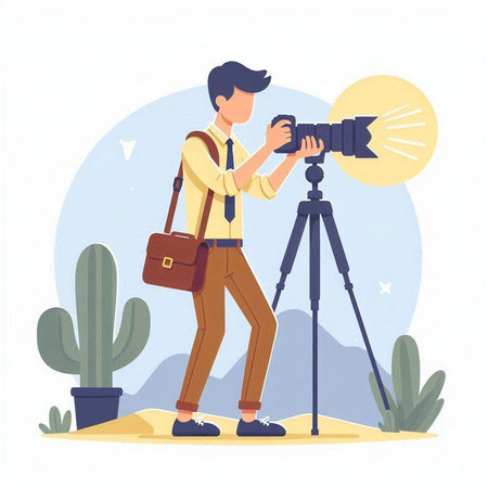 Photographer with camera on tripod. Vector illustration in flat style.のイラスト素材