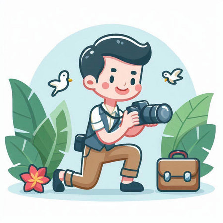 Photographer with camera and flower. Vector illustration in cartoon style.のイラスト素材