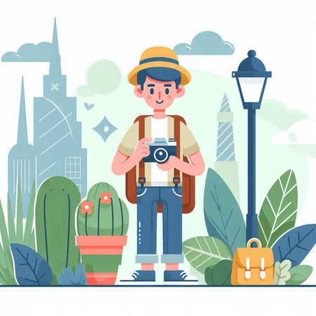 Tourist man with camera in the city. Vector illustration in flat styleのイラスト素材