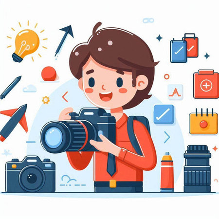 Photographer boy with camera. Vector illustration. Cartoon flat style.のイラスト素材