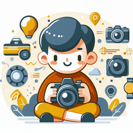 Illustration of a Kid Boy Sitting on the Floor with His Cameraのイラスト素材
